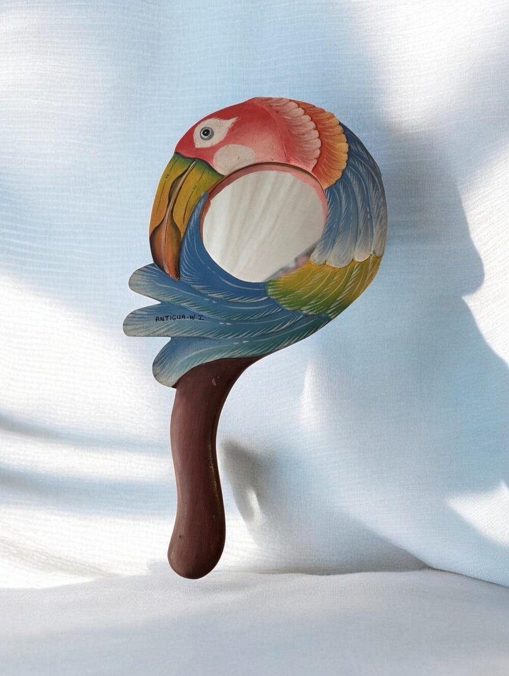 Vintage Antigua‎ West Indies Hand-Painted Parrot Hand Mirror